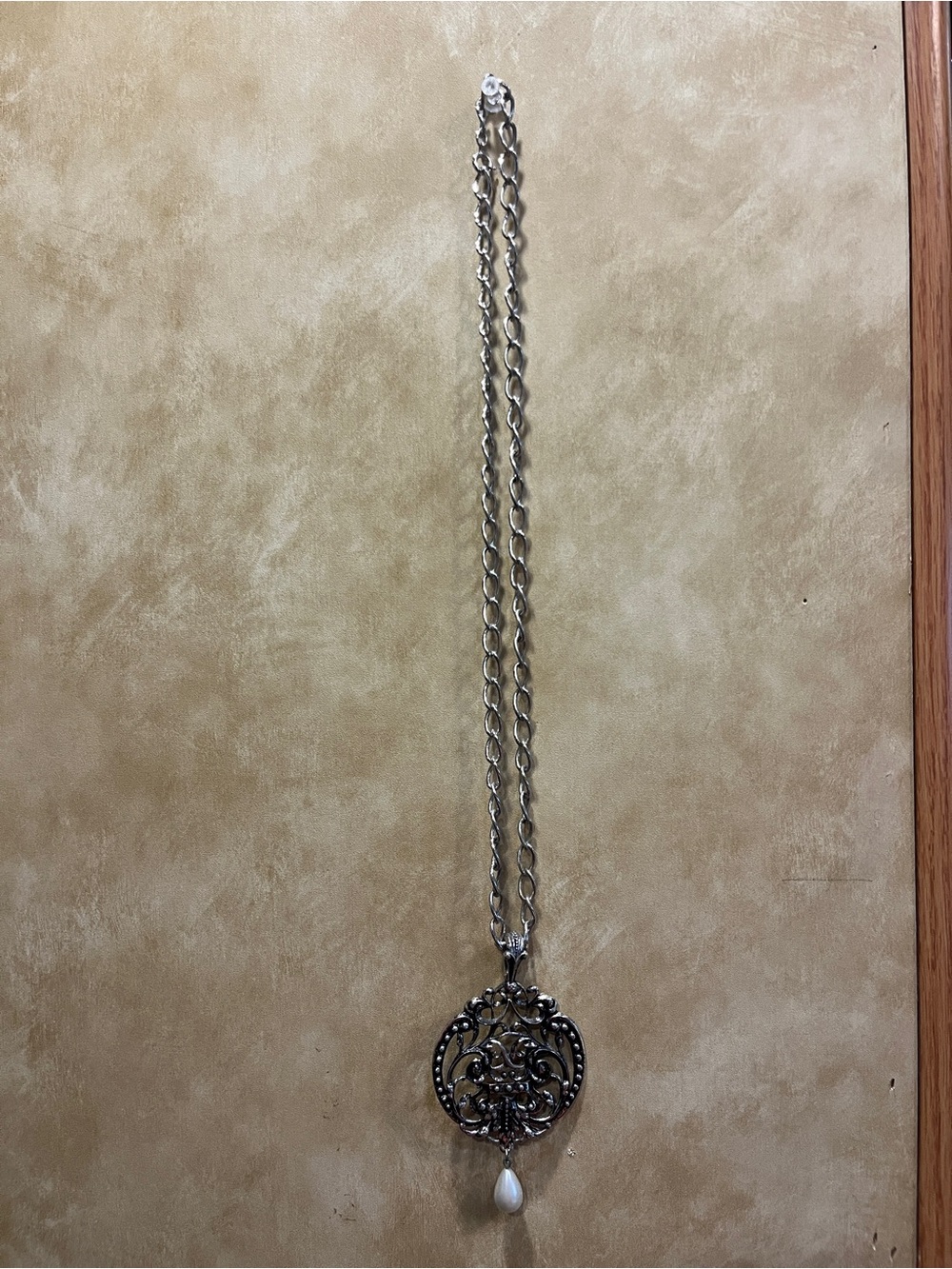 Silver Filigree Pendant Necklace with Pearl Drop